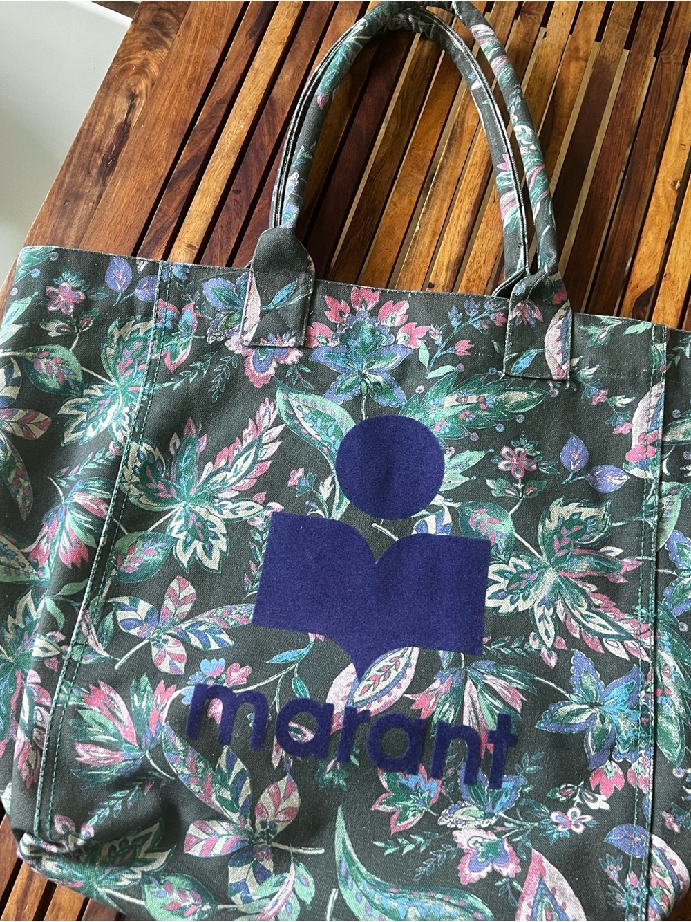 Isabel Marant Floral Tote Bag in Dark Green with Navy Logo
